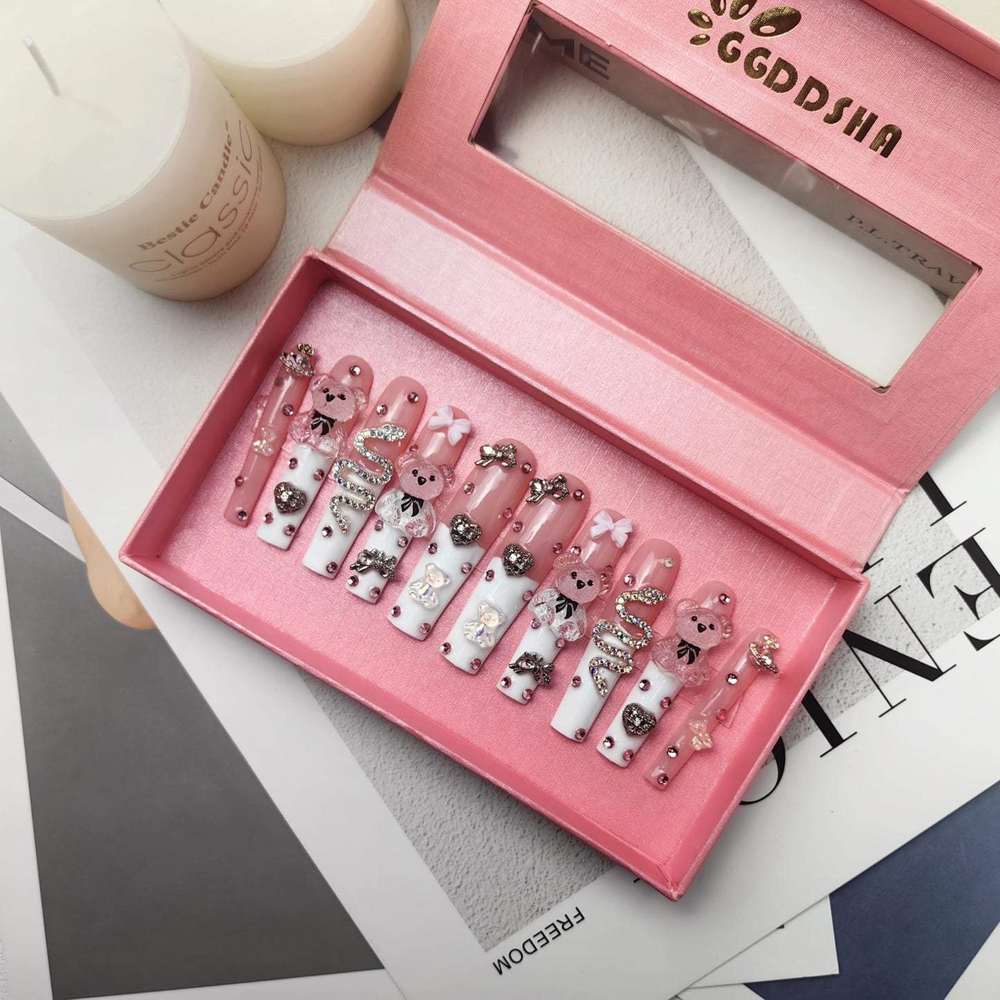 GGddsha 2024 新製品 PMMAアクリル プレスオンネイル 華やかラインストーンネイル、ラインストーンフェイクネイル、グリッターラインストーンネイル グラデーション フェイクネイル エンチャンテッドデュオ