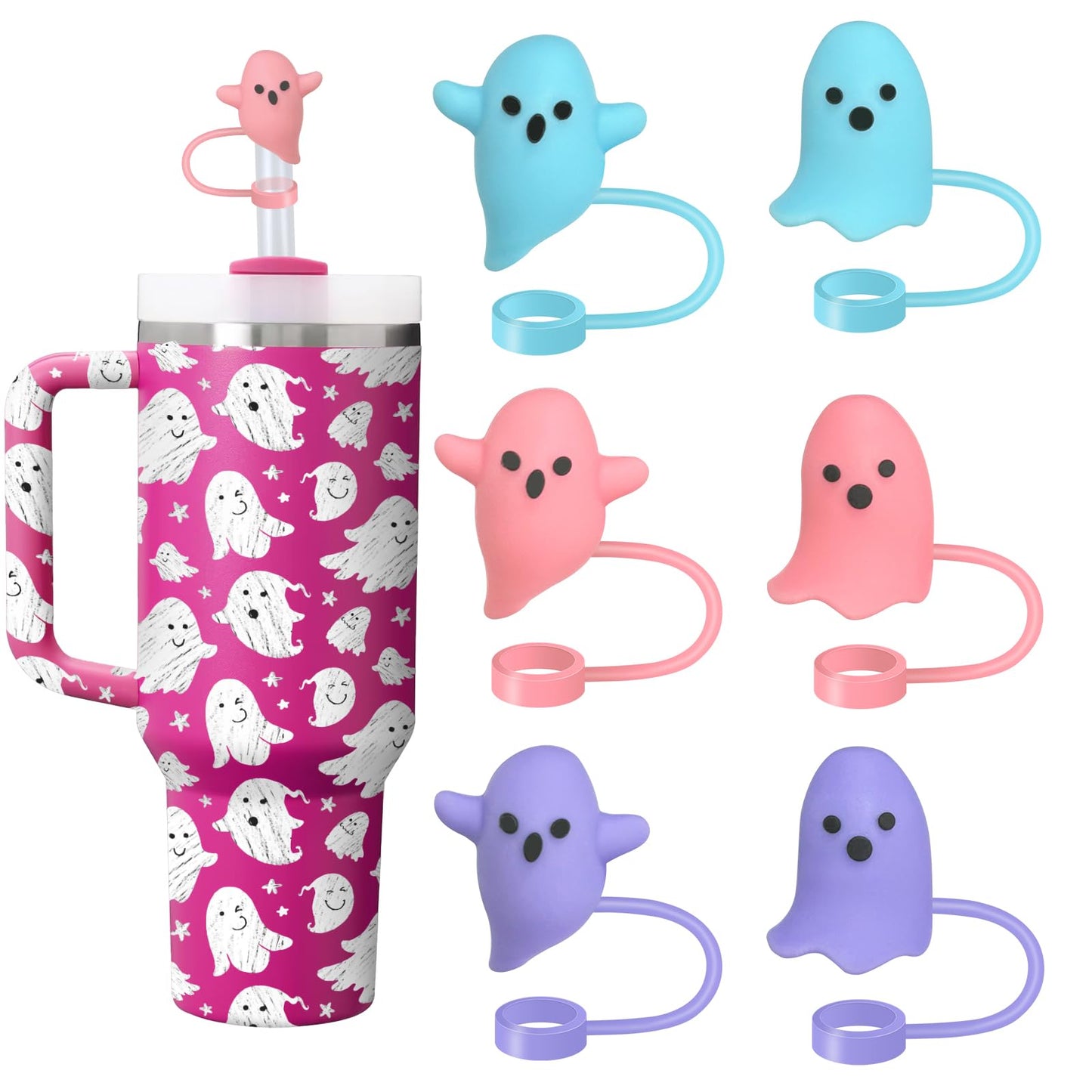 6Pcs Halloween Ghost Straw Toppers for Stanley Cup Boo Ghost Straw Covers，Halloween Straw Topper for 10mm Drinking Straw Tip Covers Stanley Cup Accessories Halloween Gifts