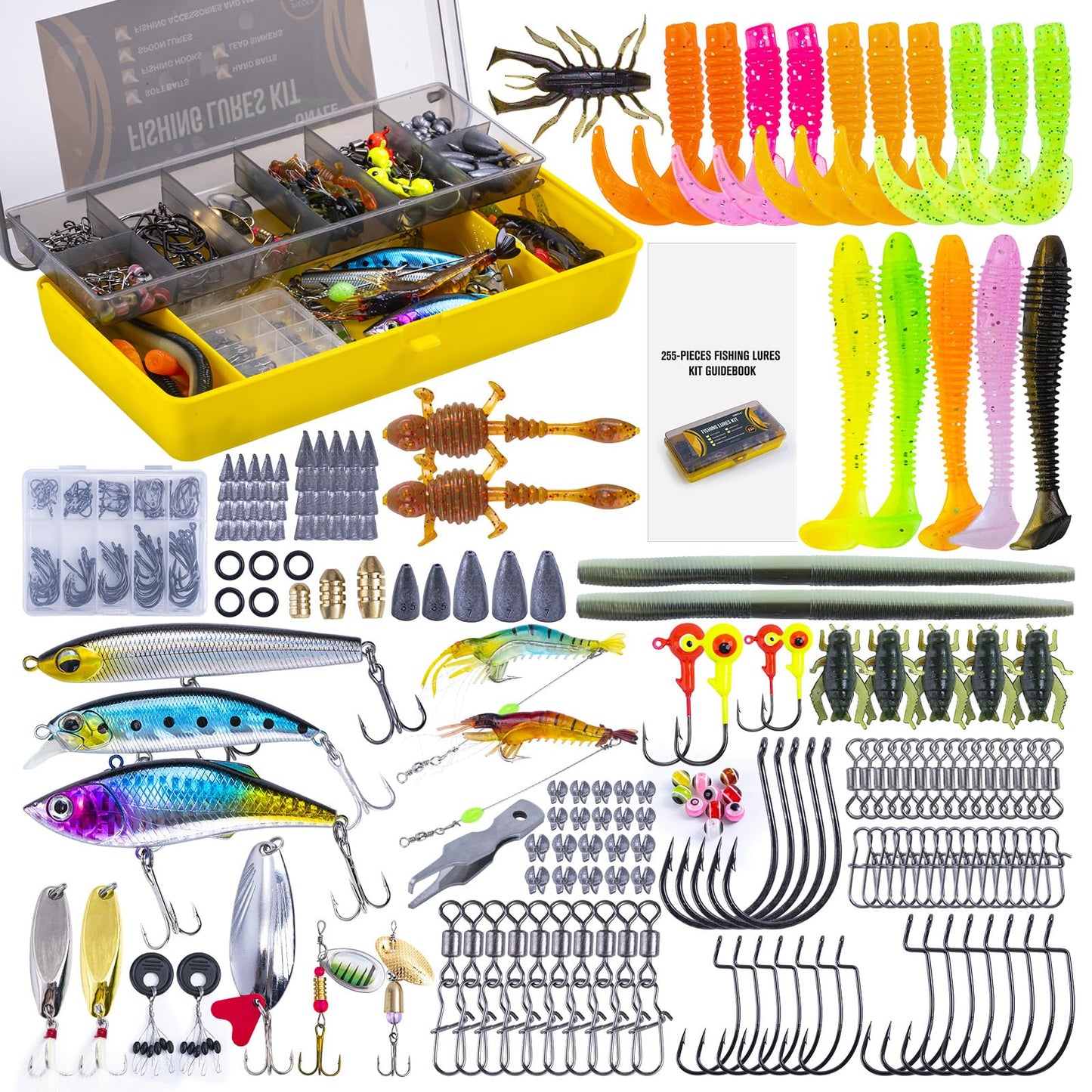 UNYLE 2 Layers Fishing Lures Tackle Box with Tackle Included 255Pcs Fishing Lures Kit Contains Hooks Jigs Soft Lure Detailed Manual Accessories Comprehensive Bait Lure Gifts