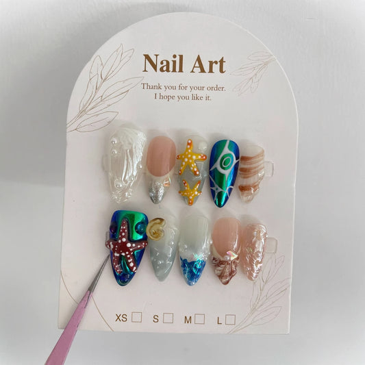 Hand-painted Happy Underwater World White Advanced Long Manicure