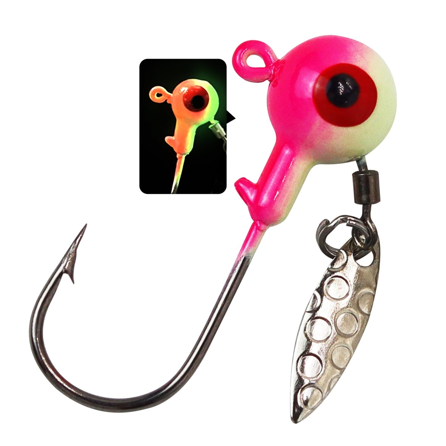 MAFIMOEA 20/30Pcs Underspin Jig Heads with Spinner Fishing Jig Heads Hooks Set Crappie Jigs Fishing Jig Hooks Assortment Saltwater Freshwater Bass Crappie Trout Glow in The Dark