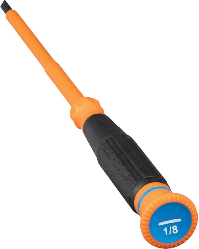 Klein Tools 6254INS Insulated Precision Screwdriver, 1/8-Inch Slotted Mini Electrician Screwdriver, 1000-Volt Cushion Grip Handle