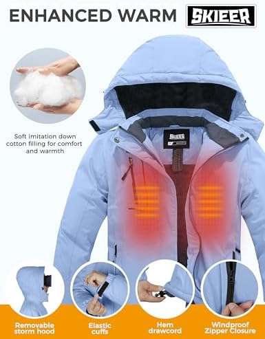 Women's Ski Jacket Waterproof Windproof Warm Hooded Winter Coat Snow