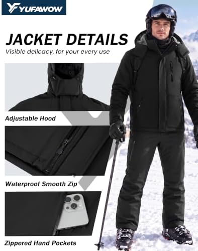 Yufawow Magnetic Placket No Fumbling Just Snap Men Winter Jacket Skiing Jacket Insulated Fleece Lined Waterproof Windbreaker for Snowboard Hiking Camping ATV Outdoor Work
