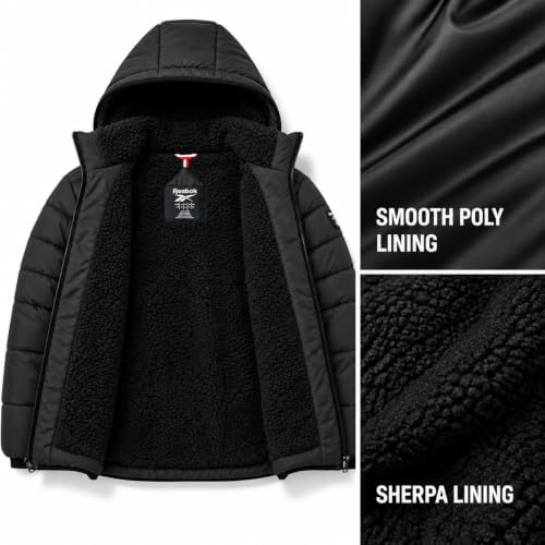 Reebok Mens Sherpa Lined Hooded Puffer Jacket, Quilted Winter Coat