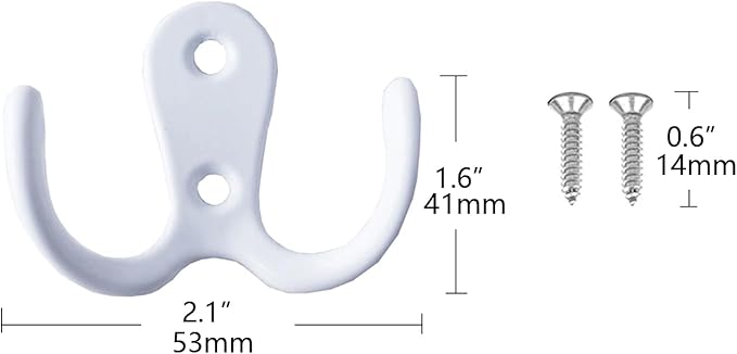 2 Pcs Double Prong Robe Hooks, Dual Coat Hooks Wall Mounted Hanging Clothes for Bathroom Bedroom Door Wall Retro Metal Cloth Hanger Double Coat Hooks with 4 Screws (White)