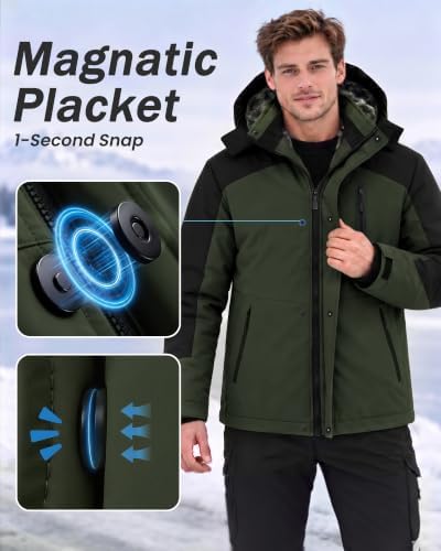 Yufawow Magnetic Placket No Fumbling Just Snap Men Winter Jacket Skiing Jacket Insulated Fleece Lined Waterproof Windbreaker for Snowboard Hiking Camping ATV Outdoor Work