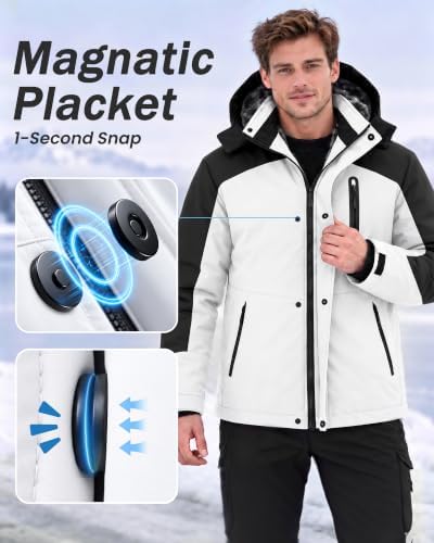 Yufawow Magnetic Placket No Fumbling Just Snap Men Winter Jacket Skiing Jacket Insulated Fleece Lined Waterproof Windbreaker for Snowboard Hiking Camping ATV Outdoor Work
