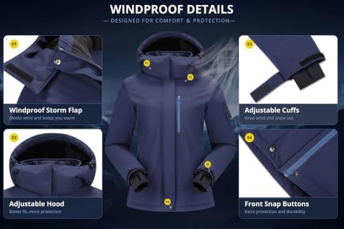 CAMEL CROWN Women's Ski Jacket Waterproof Warm Coat Winter Fleece Snow Coat Hooded Snowboarding Jacket