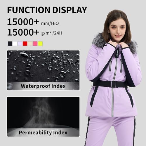 Womens Ski Jacket Fitted Snow Coat with Belted Fur Hood