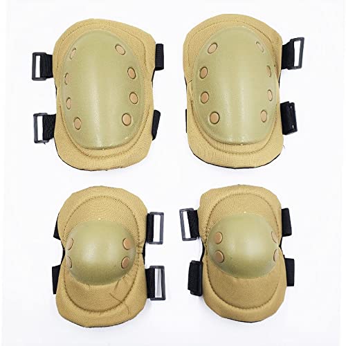 Military Tactical Knee Pad Elbow Pad Set Airsoft Knee Elbow Protective Pads Combat Paintball Skate Outdoor Sports Safety Guard Gear (Khaki, M, 4pcs Set)