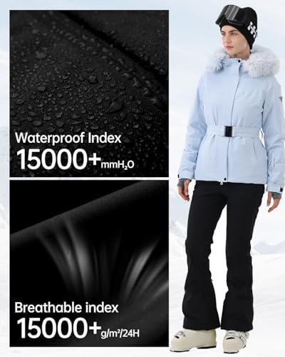 Womens Ski Jacket Fitted Belted Snow Coat with Fur Hood