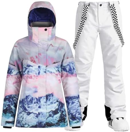 Womens Ski Jacket Pants Set Waterproof Snowboard Snow Pants Hooded