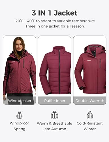 wantdo Women's 3 In 1 Ski Jacket Cotton Padded Liner Winter Coat