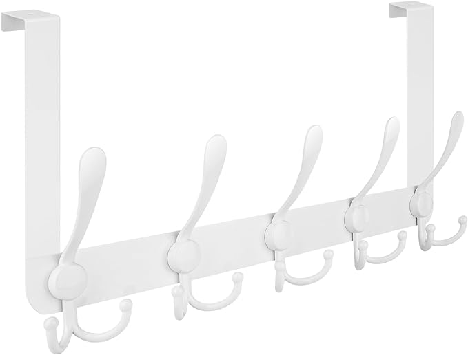 TICONN Over The Door Hooks, 5 Heavy Duty Tri Coat Rack All Metal Coat Hanger for Bathroom Bedroom Dorm (White, 1PK, Fit 1-3/8" Doors)