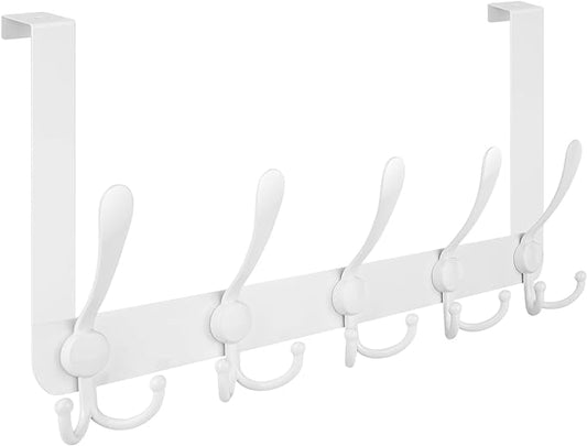 TICONN Over The Door Hooks, 5 Heavy Duty Tri Coat Rack All Metal Coat Hanger for Bathroom Bedroom Dorm (White, 1PK, Fit 1-3/8" Doors)