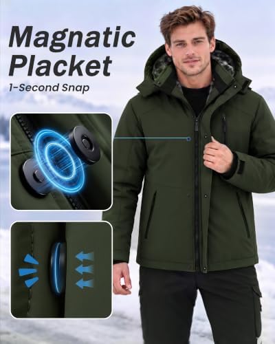 Yufawow Magnetic Placket No Fumbling Just Snap Men Winter Jacket Skiing Jacket Insulated Fleece Lined Waterproof Windbreaker for Snowboard Hiking Camping ATV Outdoor Work