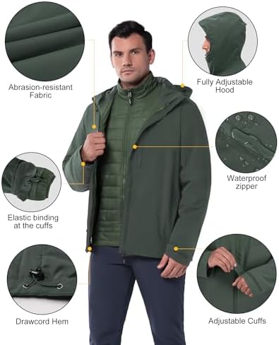 33,000ft Men's Hooded Waterproof 3 in 1 Snow Ski Jacket Winter Puffer Coat