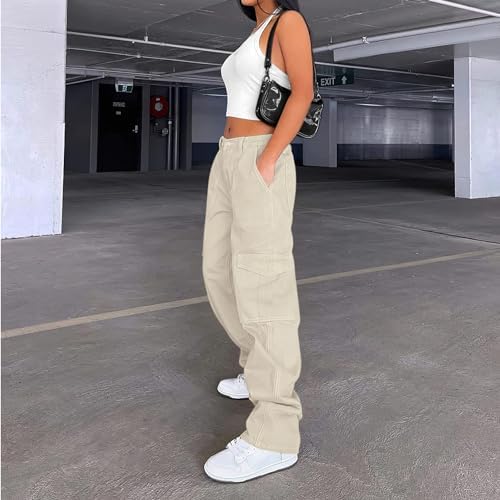 Lepunuo Cargo Pants for Women High Waisted Casual Pants Baggy Stretchy Wide Leg Y2K Streetwear with 6 Pockets