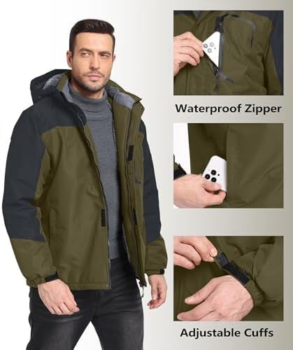 Mens Winter Jackets Waterproof Warm Fleece Ski Jacket with Hood Thermal Windproof Coat Zip Pockets