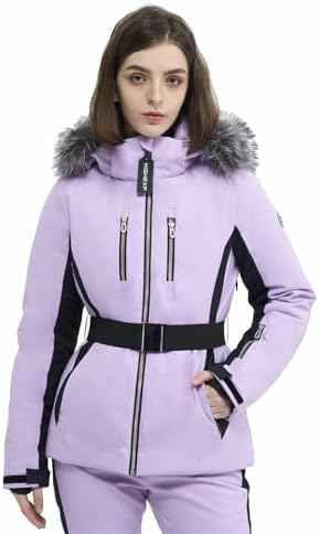 Womens Ski Jacket Fitted Snow Coat with Belted Fur Hood