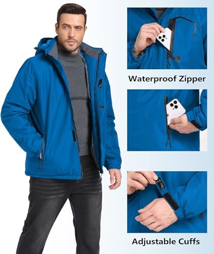 Mens Winter Jackets Waterproof Warm Fleece Ski Jacket with Hood Thermal Windproof Coat Zip Pockets
