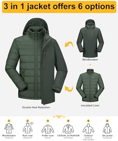 33,000ft Men's Hooded Waterproof 3 in 1 Snow Ski Jacket Winter Puffer Coat