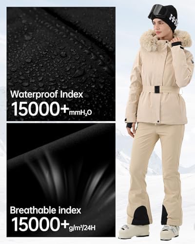 Womens Ski Jacket Fitted Belted Snow Coat with Fur Hood