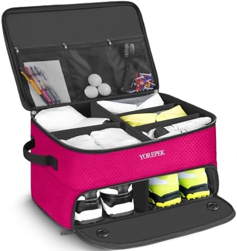 YOREPEK 2層ゴルフ トランクオーガナイザー、シューズ2足用の通気性分離コンパートメント付きゴルフギフト、ボール、ティー、衣類、手袋用の防水カー トランクロッカー、ゴルファーへのギフト
