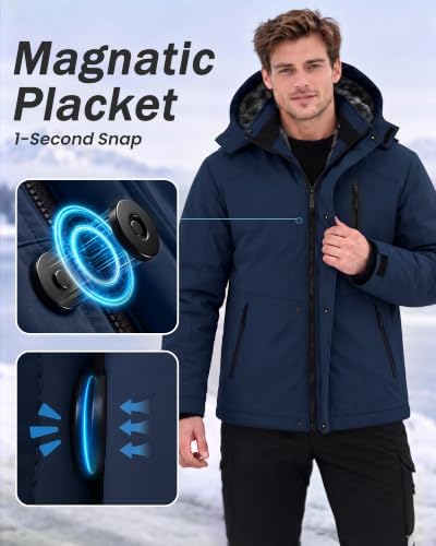 Yufawow Magnetic Placket No Fumbling Just Snap Men Winter Jacket Skiing Jacket Insulated Fleece Lined Waterproof Windbreaker for Snowboard Hiking Camping ATV Outdoor Work