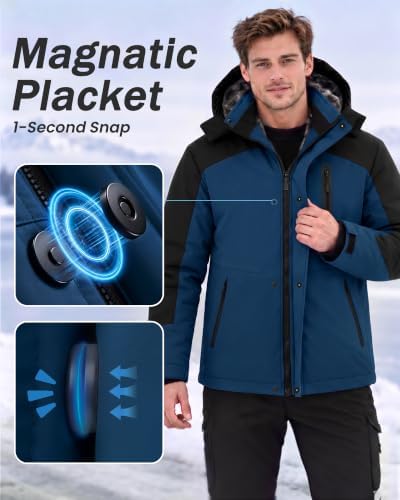 Yufawow Magnetic Placket No Fumbling Just Snap Men Winter Jacket Skiing Jacket Insulated Fleece Lined Waterproof Windbreaker for Snowboard Hiking Camping ATV Outdoor Work