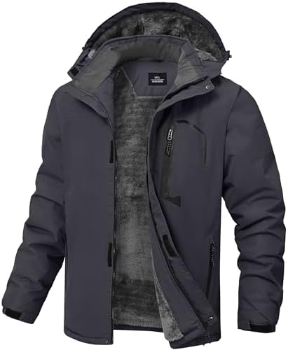 Mens Winter Jackets Waterproof Warm Fleece Ski Jacket with Hood Thermal Windproof Coat Zip Pockets