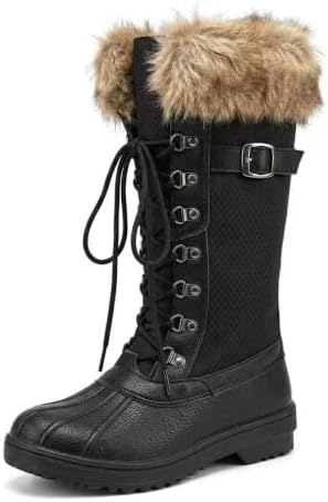 AUSLAND Women's Black Winter Snow Boots Twin Peaks Fur Mid-Calf Waterproof Lace Up Boots D7627