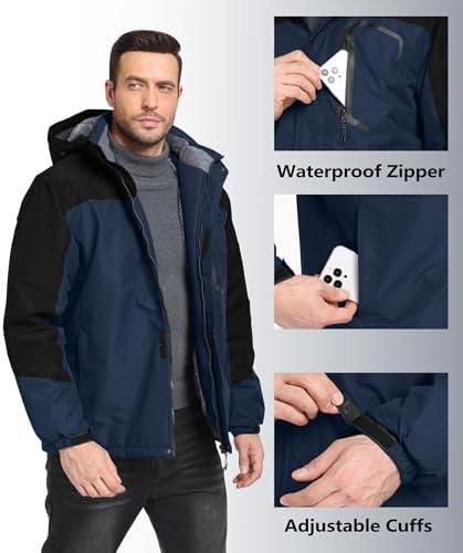 Mens Winter Jackets Waterproof Warm Fleece Ski Jacket with Hood Thermal Windproof Coat Zip Pockets