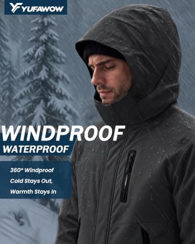 Yufawow Magnetic Placket No Fumbling Just Snap Men Winter Jacket Skiing Jacket Insulated Fleece Lined Waterproof Windbreaker for Snowboard Hiking Camping ATV Outdoor Work