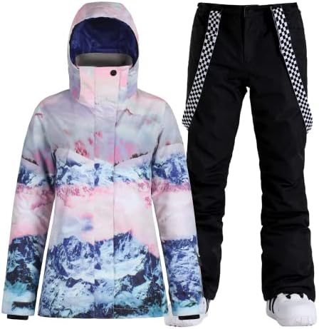 Womens Ski Jacket Pants Set Waterproof Snowboard Snow Pants Hooded