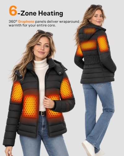 Wulcea Graphene Heated Jacket for Women Lightweight Hooded Puffer Waterproof 12V 18400mAh Large Capacity Battery Fast Charge