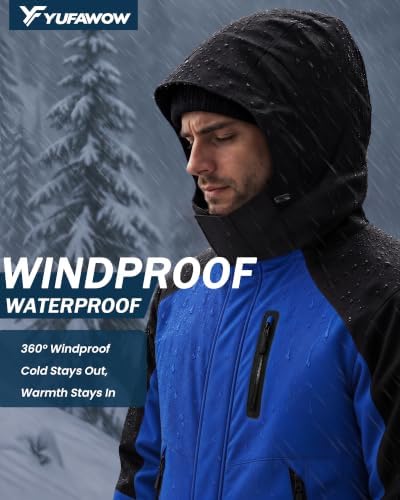Yufawow Magnetic Placket No Fumbling Just Snap Men Winter Jacket Skiing Jacket Insulated Fleece Lined Waterproof Windbreaker for Snowboard Hiking Camping ATV Outdoor Work