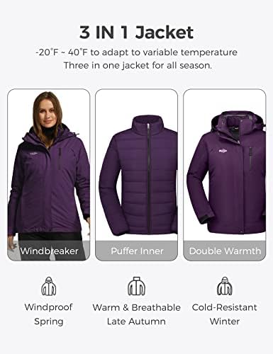 wantdo Women's 3 In 1 Ski Jacket Cotton Padded Liner Winter Coat