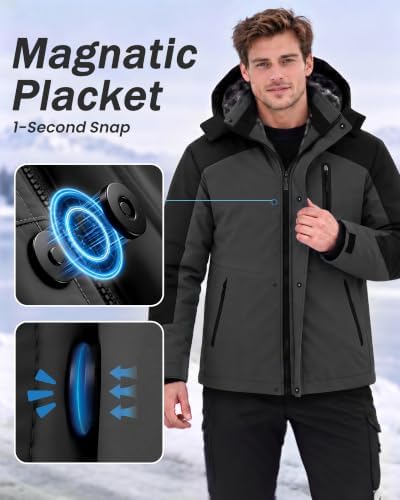 Yufawow Magnetic Placket No Fumbling Just Snap Men Winter Jacket Skiing Jacket Insulated Fleece Lined Waterproof Windbreaker for Snowboard Hiking Camping ATV Outdoor Work