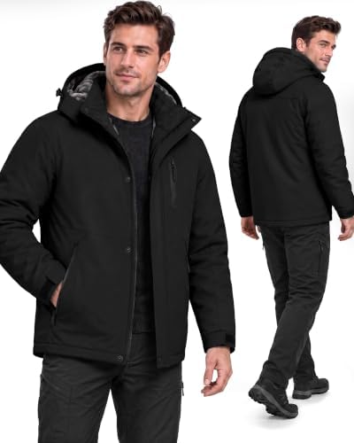 Yufawow Magnetic Placket No Fumbling Just Snap Men Winter Jacket Skiing Jacket Insulated Fleece Lined Waterproof Windbreaker for Snowboard Hiking Camping ATV Outdoor Work