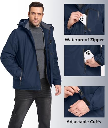 Mens Winter Jackets Waterproof Warm Fleece Ski Jacket with Hood Thermal Windproof Coat Zip Pockets