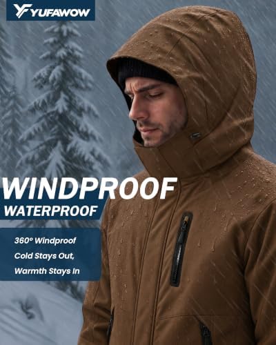 Yufawow Magnetic Placket No Fumbling Just Snap Men Winter Jacket Skiing Jacket Insulated Fleece Lined Waterproof Windbreaker for Snowboard Hiking Camping ATV Outdoor Work
