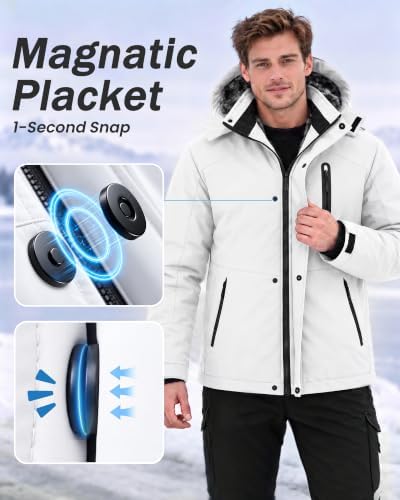 Yufawow Magnetic Placket No Fumbling Just Snap Men Winter Jacket Skiing Jacket Insulated Fleece Lined Waterproof Windbreaker for Snowboard Hiking Camping ATV Outdoor Work