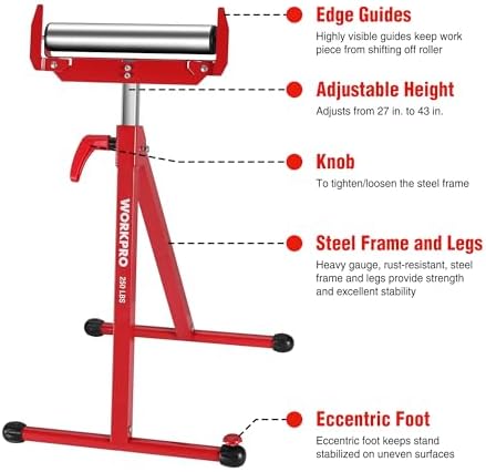 WORKPRO Folding Roller Stand Height Adjustable, Heavy Duty 250 LB Load Capacity, Outfeed Woodworking, 1PC