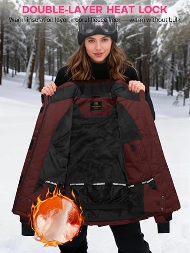 FREE SOLDIER Women's Waterproof Ski Snow Jacket Fleece Lined Warm Winter Rain Jacket with Hood Fully Taped Seams
