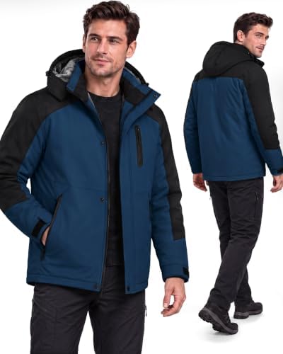 Yufawow Magnetic Placket No Fumbling Just Snap Men Winter Jacket Skiing Jacket Insulated Fleece Lined Waterproof Windbreaker for Snowboard Hiking Camping ATV Outdoor Work