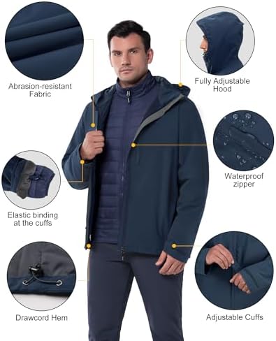 33,000ft Men's Hooded Waterproof 3 in 1 Snow Ski Jacket Winter Puffer Coat