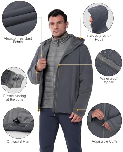 33,000ft Men's Hooded Waterproof 3 in 1 Snow Ski Jacket Winter Puffer Coat