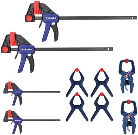 WORKPRO 10-Pack Clamps for Woodworking, 12" & 6" Bar Clamps, 2 Quick-Release Ratcheting Wood Clamps and 4 Spring Clamps, Light Duty F Clamps/Spreader 150 LBS Load Limit